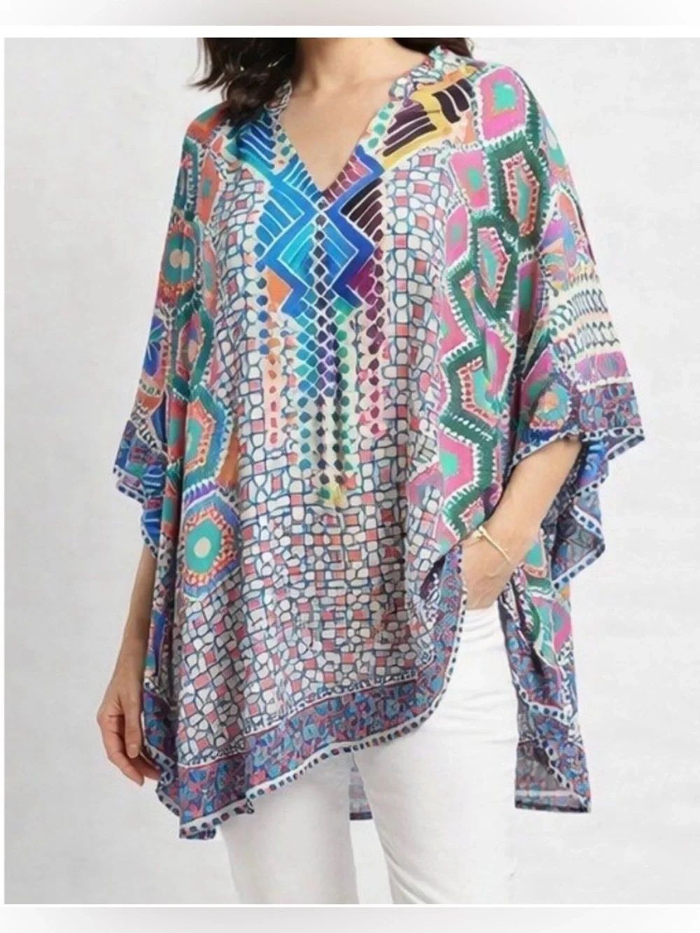 Tolani Collection Belle Tunic Womens XL NWT Ivory Diamond Geometric Kaftan Modal
